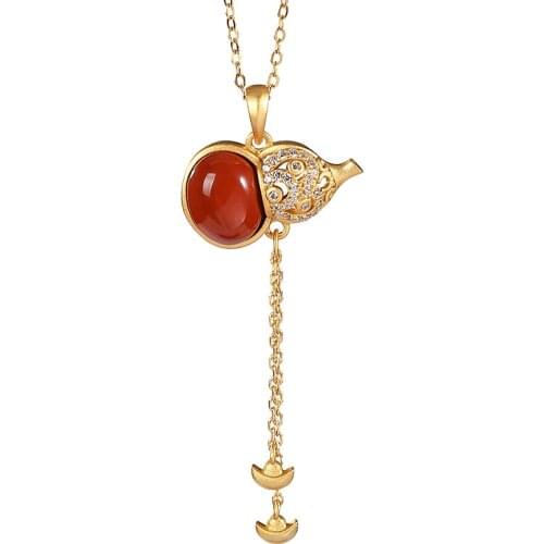 S925 sterling silver gold plated southern red agate pendant vintage gourd ingot tassel ladies clavicle chain pendant