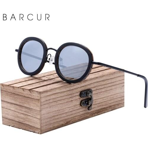 BARCUR Polarized Round Sunglasses Men Walnut Zebra Wood Sun Glasses Stainless Steel Temple Women UV400 Protection