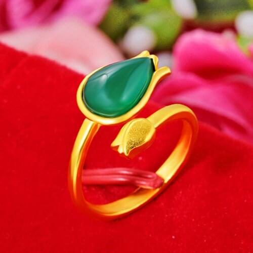 FYJS Unique Light Yellow Gold Color Flower Green Agates Resizable Open Finger Ring for Elegant Women Jewelry