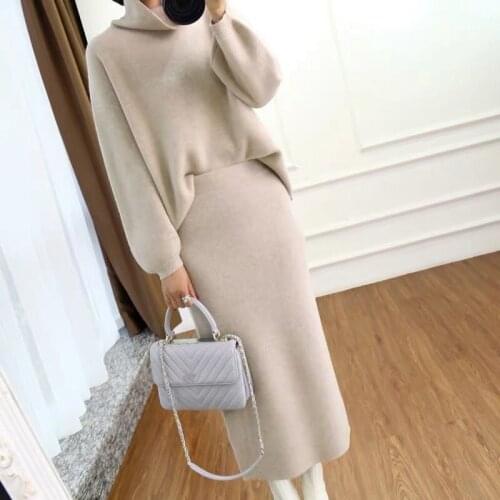 High quality trend ladies suit solid color cashmere turtleneck sweater loose warm pullover sexy bag hip skirt new products