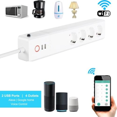 WiFi Smart Plug Intelligent Socket 4AC+2USB Power Strip Compatible with Alexa Google Assistant Voice Control APP Remote Control