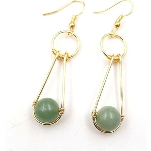 YJXP Wire Winding Gold-color Drop Earrings for Women Natural Crystal Quartzs Round Beads Stone Dangle Earring Ear Hook Jewelry