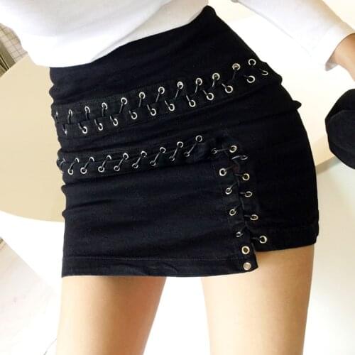2020 Brand New Women High Waist Denim Short Skirt Sexy Chic Lace-up Bodycon Pencil Skirt High Street Denim Mini Skirt Falda Jupe