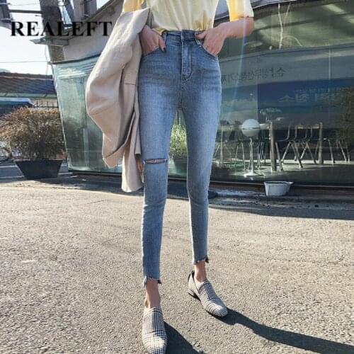 REALEFT Autumn 2021 New Blue Hole Womens Jeans Mid Waist Denim Pencil Pants Retro Washed Streetwear Chic Slim Trousers Female
