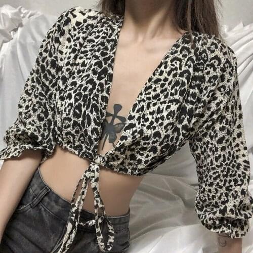 2020 autumn women new leopard print short style tees open stitches lace up tops sexy deep v-neck fashion half sleeved t-shirts