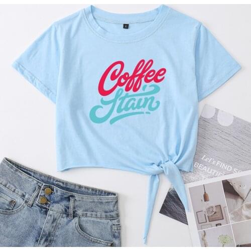 Coffee Lover Knotted Crop Top Shirt Womens Summer Short Sleeve Print Cotton T-Shirt Cropped Tops Graphic Tee with Front Tie Knot