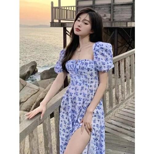 2021 Summer Dress Women Short Puff Sleeve Flroal Printed Ruched High Split Long Dresses Drawstring Sexy Vestidos Sundress Travel