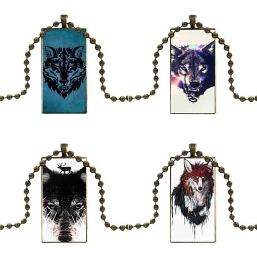 Art Animals Wolf Face Avatar Roses Flowers For Women Wedding Design Fashion Vintage Glass Women Rectangle Necklace Pendants