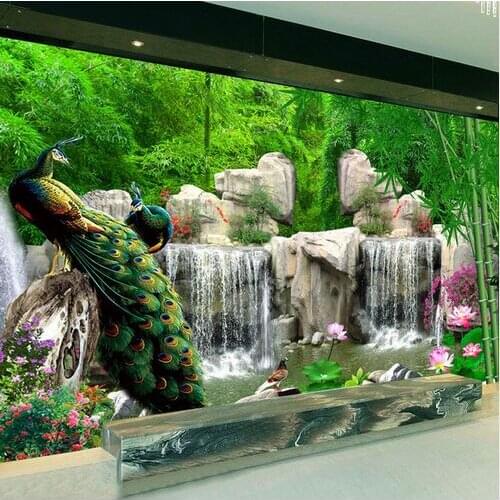 3D Wall Mural Natural Scenery Wallpaper Landscape Bamboo Forest Falls Peacock Bedding Room 3D Non-woven Wall Paper TV Background