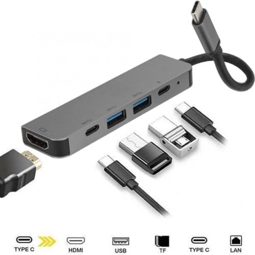 AA 5-in-1 USB-C to Type-C 3 USB 3.0 Hub HDMI-compatible Rj45 Ethernet Mini SDTF OTG Adapter for Thunderbolt 3