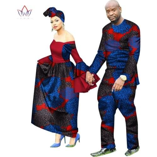 Africa Style Couples Clothing for Sweet Lovers Bazin Long Women Dress & Mens Sets Dashiki Plus Size Wedding Clothing WYQ69