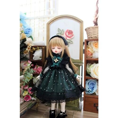 BJD doll dress for 1/31/41/6MSD Blythes Fashion retro dark dress with dark green floral dress + hair accessories two-piece set