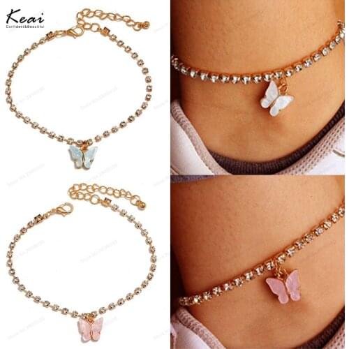 INS Fashion Butterfly Rhinestone Anklets Woman Boho Style Bracelet On The Leg Summer Beach Foot Chain Barefoot Chain Accessories