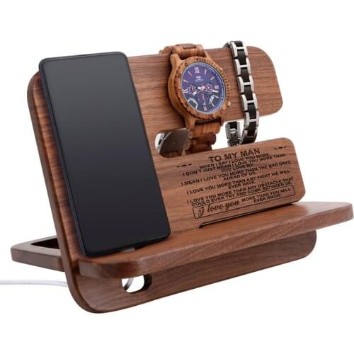 Custom Engraved Cell Phone Stand Watch Holder Walnut Wooden Dock Organizer Wood Mobile Base Charging Docking Station Men Gift