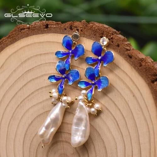 GLSEEVO Natural Fresh Water Baroque Pearl Cloisonne Flowers Dangle Drop Earrings For Women Party Gift Handmade Jewelry GE0978