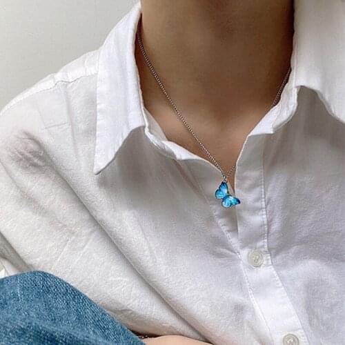 Korean Blue Gradient Butterfly Necklace for Women Girls Silver Color Rainbow Butterflies Pendant Choker Necklaces Jewelry Gift