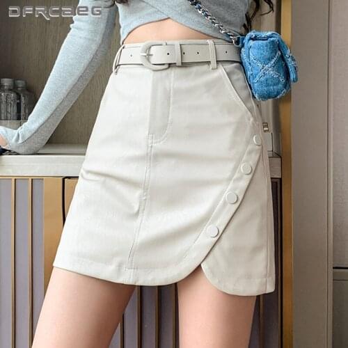 Brown Autumn Winter Button Woman PU Skirts With Belt 2021 High Wasit Casual Korean Leather A-Line Skirt Female