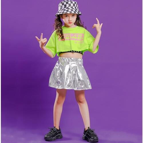 Girls Hip Hop Clothing Green Crop Top T Shirt White Tank Vest Skirt Kids Jazz Dance Costume Cheerleading Performance Clothes