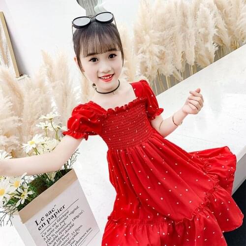 Summer Girls Dress 12 Childrens Clothing Fashion Square Collar Lantern Sleeve A-line Dresses Chiffon Princess Dress Knee-Length