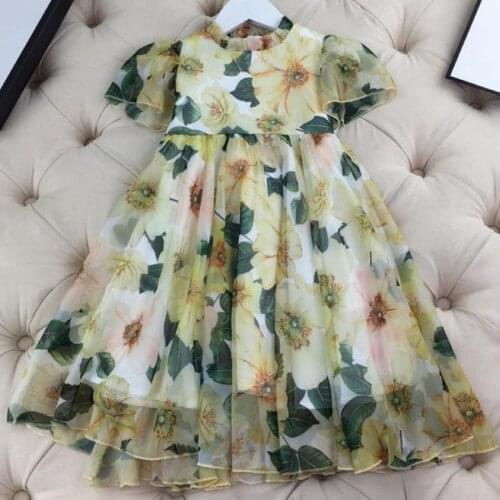 Baby girls summer Yellow beautiful flower print Stain princess dress kids puff sleeves fashion beach dress