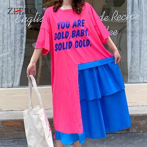 Woman Plus Size Casual Print Letter Cascade Splicing Loose Dresses for Women Summer Raglan Sleeves Midi Dress Vestido De Mujer