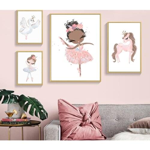 Nordic Poster Pink Baby Girl Room Canvas Painting Swan Dance Wall Art Pictures For Nursery Childrens Kids Bedroom Decor Prints