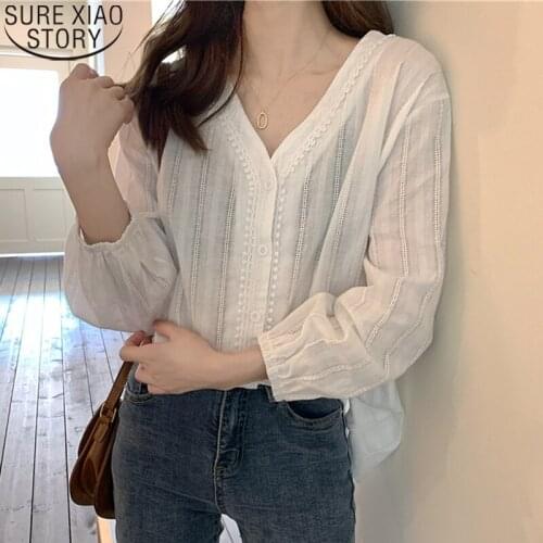 Casual Shirts Puff Sleeve Loose Cardigan 2021 Women Cotton Shirts with Lace Womens Tops and Blouses V-neck Korean Clothing 10914