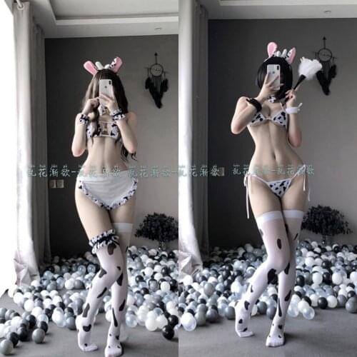 Passion Suit Cow Cosplay Costumes Maid Tankini Bikini Swimsuit Anime Lolita Bra and Panty Set Stockings Sexy Servant Underwear