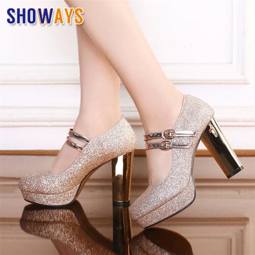 Silver Gold Women Platform Pumps High Block Heel Round Toe Buckle Strap Mary Jane Sequined Cloth Wedding Party Office Lady Shoes
