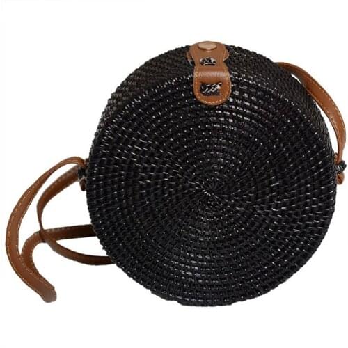 Womens Bohemian Simple Style Portable Shoulder Bag Handwoven Round Wear-resistant Crossbody Bag Solid Color Daily Handbag