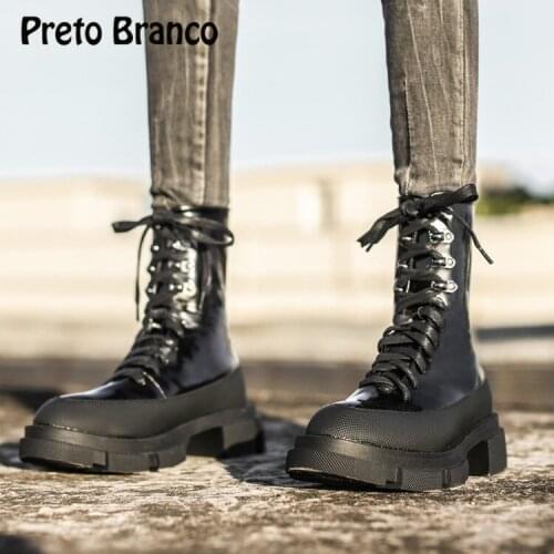 PRETO BRANCO Womens Boots 2020 Boots Platform Elevator Shoes Chunky Heel Semi-High Heeled Lace-up Ankle Boots JXQ-108-1
