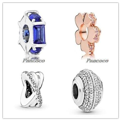 925 Sterling Silver Bead Ice Sculpture Spacer With Blue Crystal Charm Fit Women Pandora Bracelet & Necklace Diy Jewelry