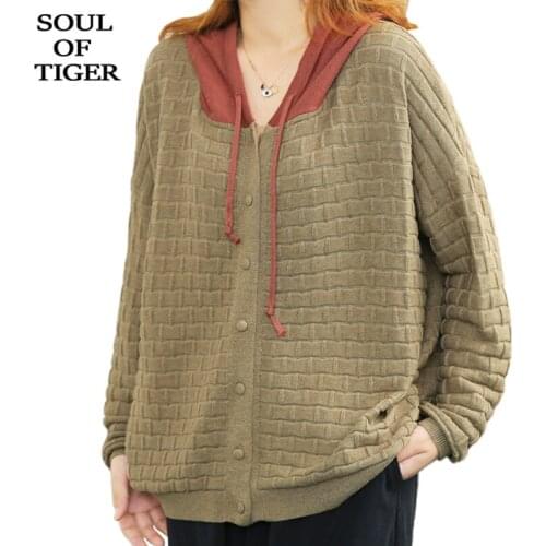 SOUL OF TIGER 2021 England Style Khaki Hooded Sweater Autumn Women Knitted Loose Casual Cardigans Female Button Vintage Clothing