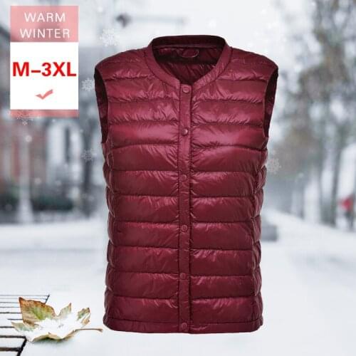 Women Ultra Light Down Vest Female White Duck Down Sleeveless Warm Coat Covered Button Thin Slim Windproof Round Collar Liner