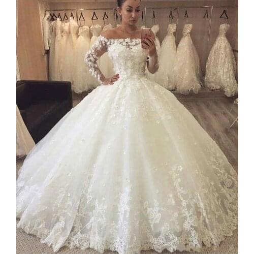 Luxury Ball Gown Wedding Dresses Bridal Gowns Off shoulders 3D Floral Flowers Illusion Long Sleeves Lace vestidos de novia