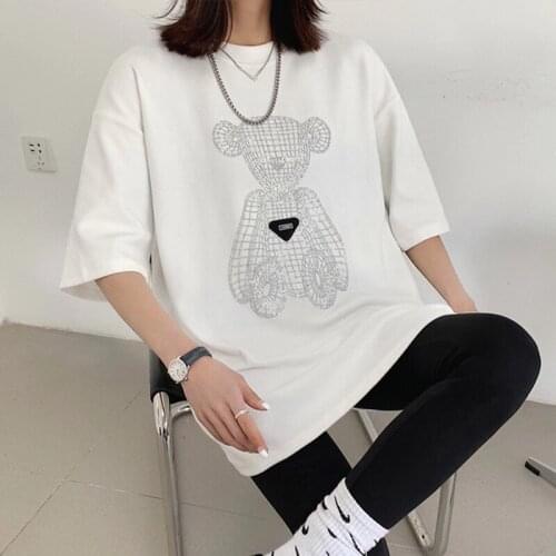 2021 Fashion Summer Womens Loose-Fit Little bear T-Shirt Crew Neck Thick Versatile Mid-Length Tops summer plus size
