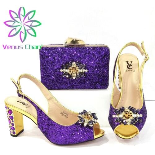 African Special Purple Color Metal and Platform Style Party Wedding High Heels 2021 Italian Design Women Shoes and BagS Set