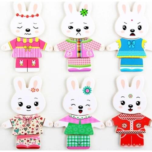 Cartoon 4 Rabbit Bear Dress Changing Jigsaw-Puzzle Wooden Toy