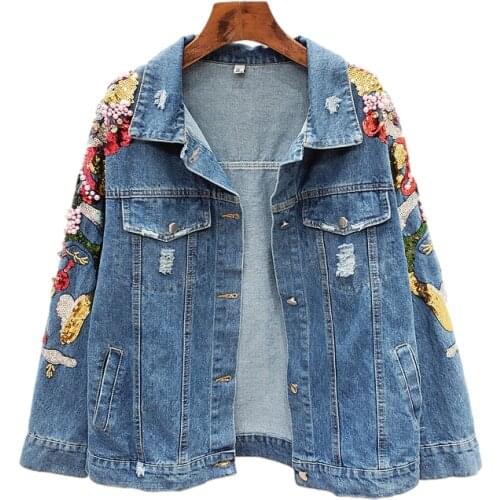 Beading Sequins Embroidery Long Sleeve Denim Jacket Coat Women Autumn Frayed Outerwear Loose Casual Short Jeans Jackets Female