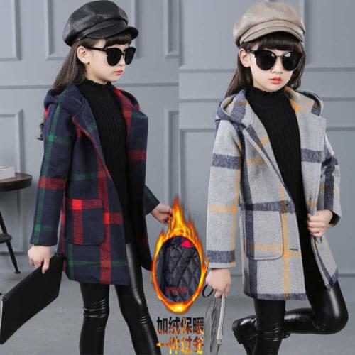 2020 Fall Winter Girls Plaid Woolen Jacket Outerwear Korean Childrens Long Hooded Trench Coat Female Kids Casual Overcoat X233