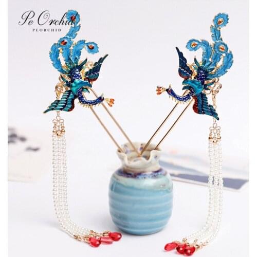 PEORCHID Ancient Cloisonne Phoenix Hanfu Hair Stick Kanzashi Bridal Accessories Chinese Traditional Hairpin Tassel Step Shake