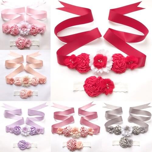 Flower Sash For Children Baby Girls Silk Ribbon Flower Belts With Flower Headband Princess Lovely Belt Photography Props Decor