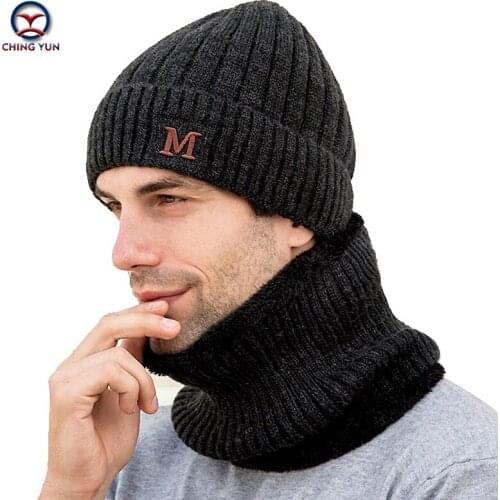 Winter New Mens Knitted Hat plus velvet warm mens outdoor Hats Fashion Double Thick Dual use of knitted wool Man hat and neck