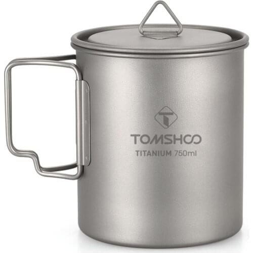 TOMSHOO Ultralight 750ml Titanium Cup Water Cup Mug Titanium Spoon Spork Outdoor Camping Water Cup Mug with Foldable Handle
