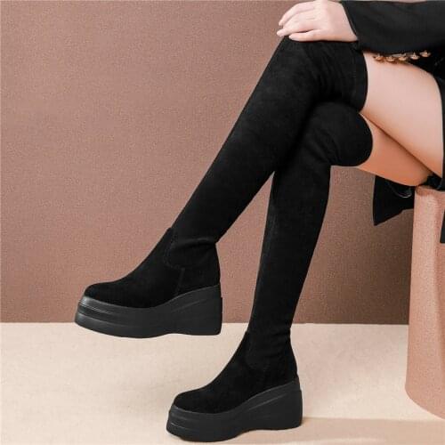 Stretchy Velvet Pumps Shoes Women Genuine Leather Wedges High Heel Over The Knee High Boots Female Thigh High Fashion Sneakers