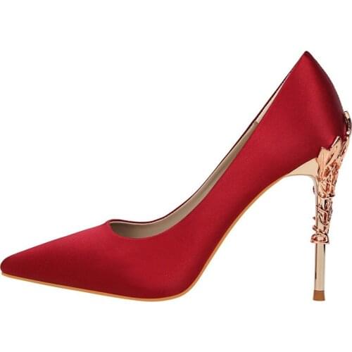 Fashion sexy metal heel womens shoes stiletto high-heeled shallow mouth pointed satin and thin single shoes wedding shoes