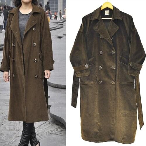 YUTU&MM retro leisure corduroy windbreaker womens spring new style pure cotton coat mid-length double-breasted striped velvet c