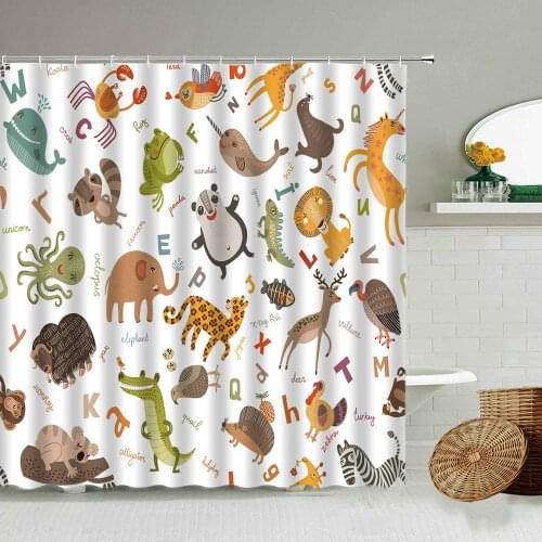 Fun Unicorn Cow Lion Elephant Giraffe Shower Curtain Cartoon Cute Animal Letter Child Baby Bathroom With Hook Waterproof Screen