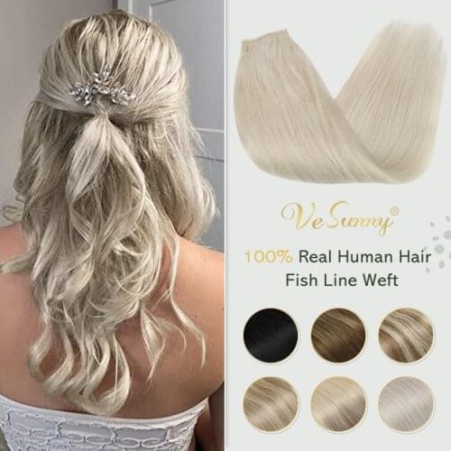 VeSunny Halo Hair Fish Line Wire Human Hair Extension Invisible Machine Remy Hair Weft with 2 Clips Brown mix Blonde