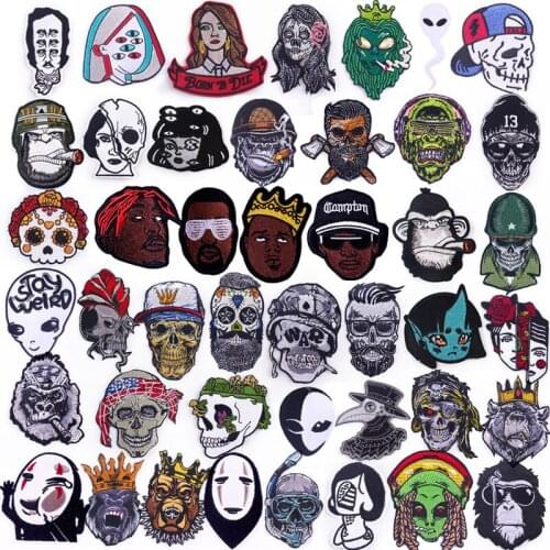 Skull Cartoon Hippie Rock Patches On Clothes Embroidered Applique Sewing On Fusible Patch Clothing Patches Stickers Garment